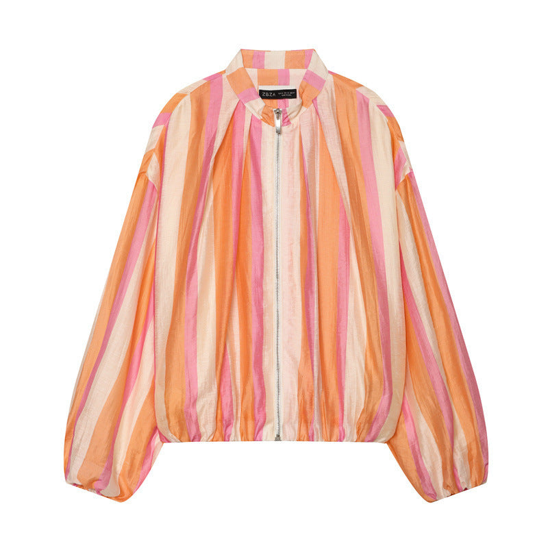 Women Oversize Lightweight Bomber Jacket made of striped woven fabric with standing collar, zipper, and elastic hem Fashion Glam