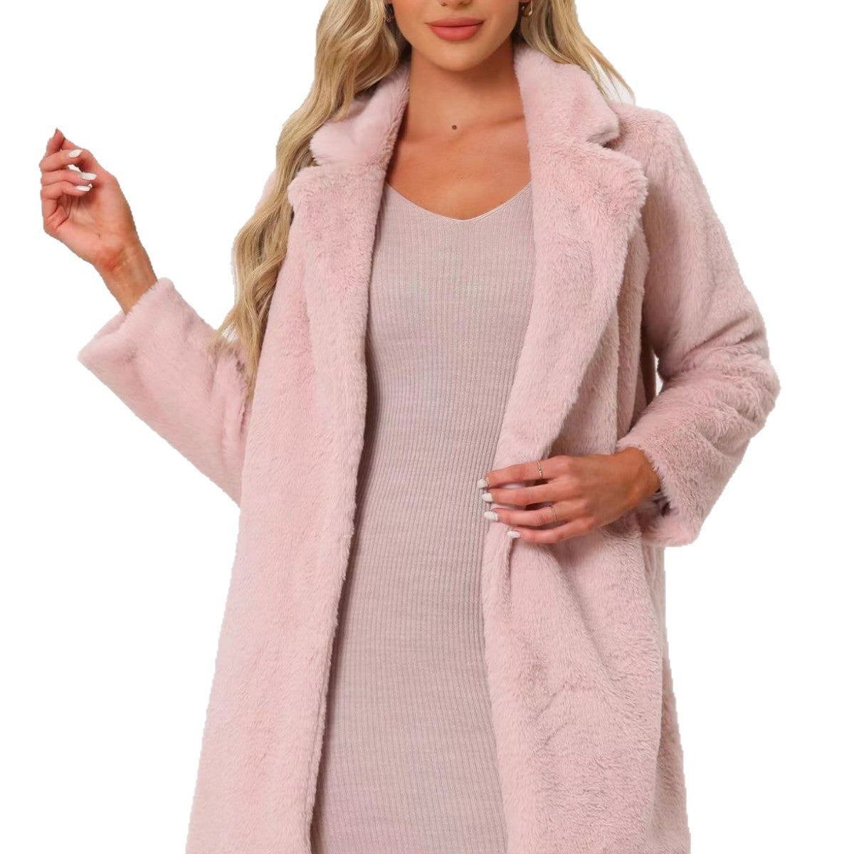 Ladies Mid-length Faux Fur Coat with Soft Shawl Collar and Pocket Chicicherry