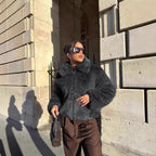 Women Short Boxy Faux Fur Pilot Jacket with Dense High Pile and Wide Lapel Fashion Glam