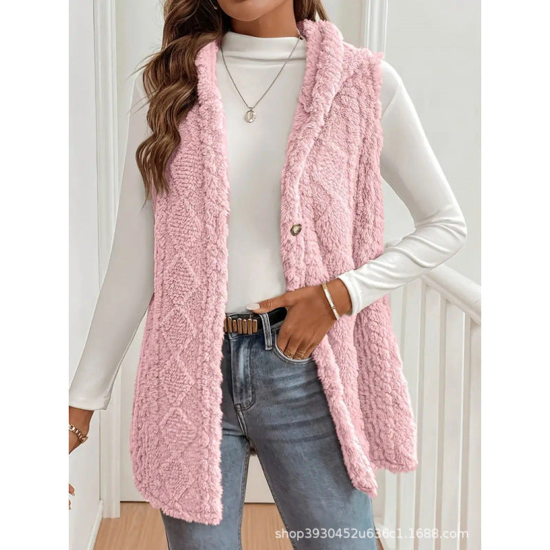 Women's Hooded Teddy Vest with Structured Cable Knit Pattern and Decorative Button Placket Fashion Glam