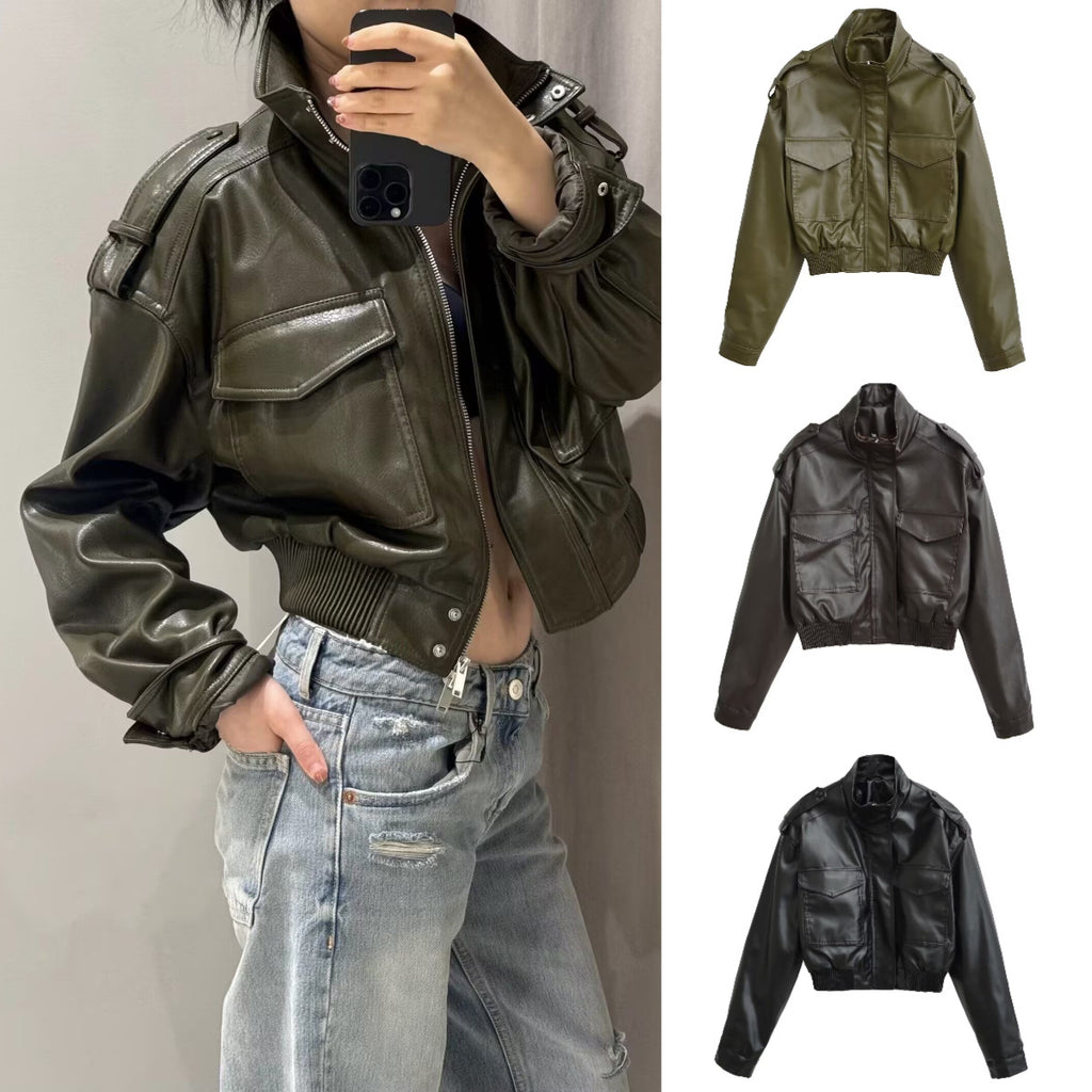 Women's Short PU Leather Bomber Jacket with High Stand-Up Collar, Flap Pockets and Shoulder Epaulettes Fashion Glam