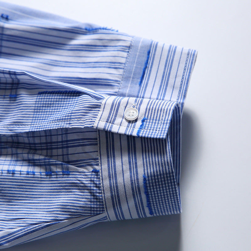 [Unisex] Oversize shirt in patchwork stripe mix with breast pocket and rounded hem Fashion Glam