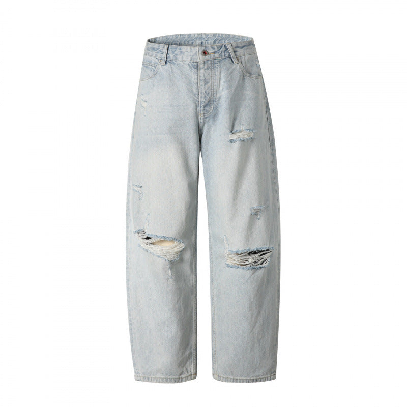 Ladies Baggy Denim Pants with High Waist, Destroyed Details and Straight Leg Fashion Glam