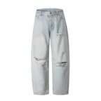 Ladies Baggy Denim Pants with High Waist, Destroyed Details and Straight Leg Fashion Glam
