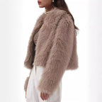 Women's Short Shaggy Faux Fur Blouson with Dense High Pile and Boxy Cropped Fit Fashion Glam