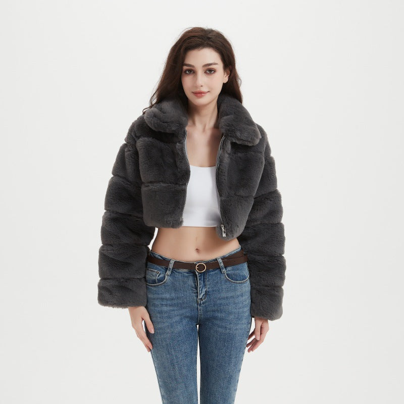 Women Cropped Hooded Jacket made of long-fiber Faux Fur with horizontal volume sections Fashion Glam