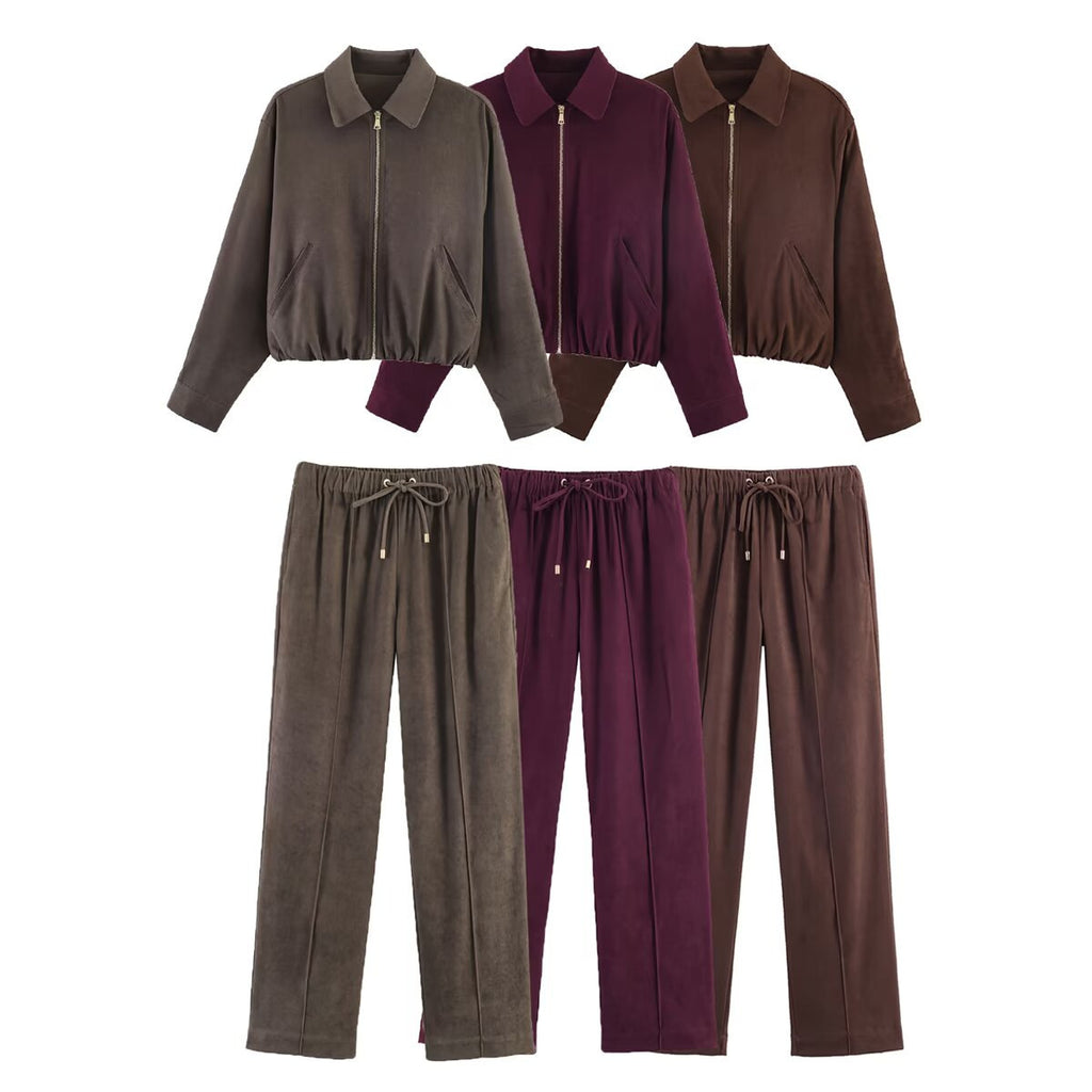 Ladies short cut velour look bomber jacket with lapel collar and elastic hem Fashion Glam