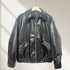 Women's Oversize Faux Leather Bomber Jacket with Zipper, Elastic Hem and Flap Pockets Fashion Glam
