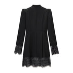 Women's dress with stand-up collar, cut-out front, decorative buttons and lace trim Fashion Glam