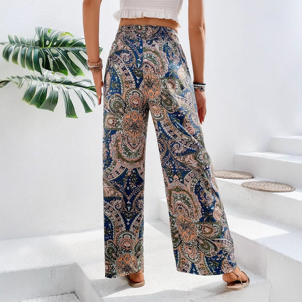 Ladies wide summer trousers in linen look with elastic waistband and paisley print Fashion Glam