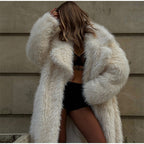 Ladies Extravagant High-Pile Faux Fur Coat with Oversized Silhouette and Deep Shawl Collar Fashion Glam