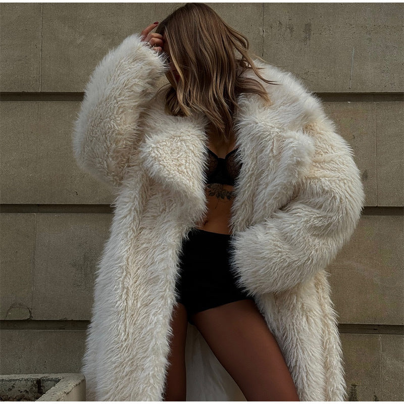 Ladies Extravagant High-Pile Faux Fur Coat with Oversized Silhouette and Deep Shawl Collar Fashion Glam