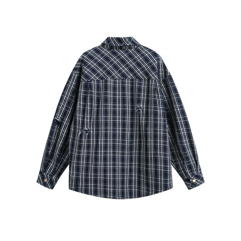 Unisex Boxy Shirt Jacket in plaid flannel look with patch chest pockets and used details Fashion Glam
