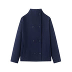 Women's Boxy Wool Jacket in Cocoon Cut with Stand-up Collar and Double-breasted Button Placket Fashion Glam