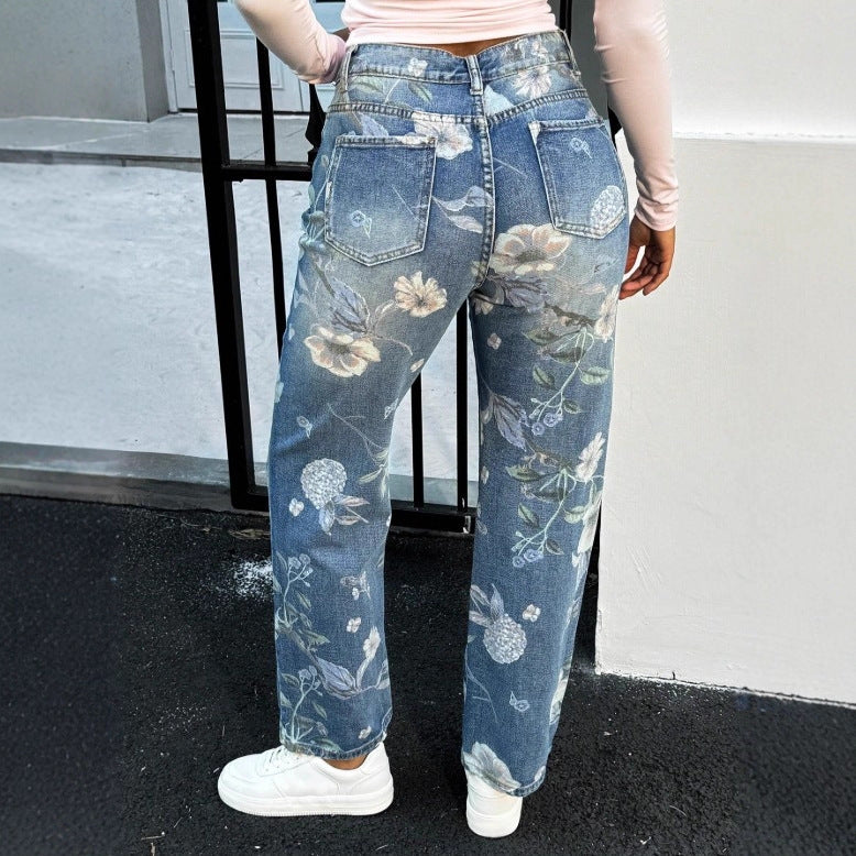 Women High-Waist Straight Jeans with floral print and relaxed fit Fashion Glam