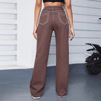 Women Relaxed-Fit Chino Pants with High Waist and Visible Contrast Seams Fashion Glam