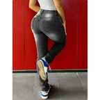 Women's waist-fitting stretch skinny jeans with distressed knees and five-pocket design Fashion Glam