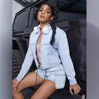 Women's short denim set with cropped jacket and cargo shorts Fashion Glam