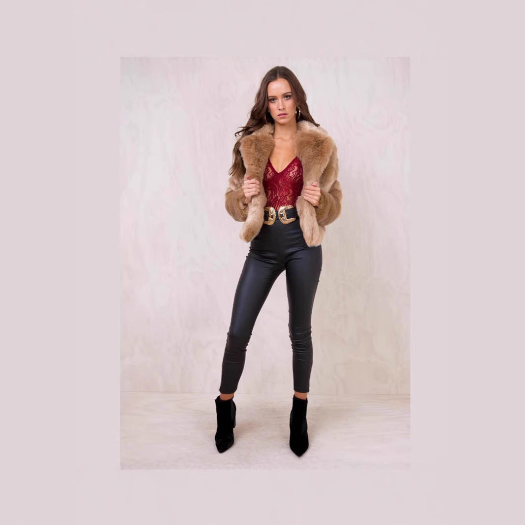 Women's Short Plush Jacket with Voluminous Shawl Collar and Boxy Silhouette Fashion Glam