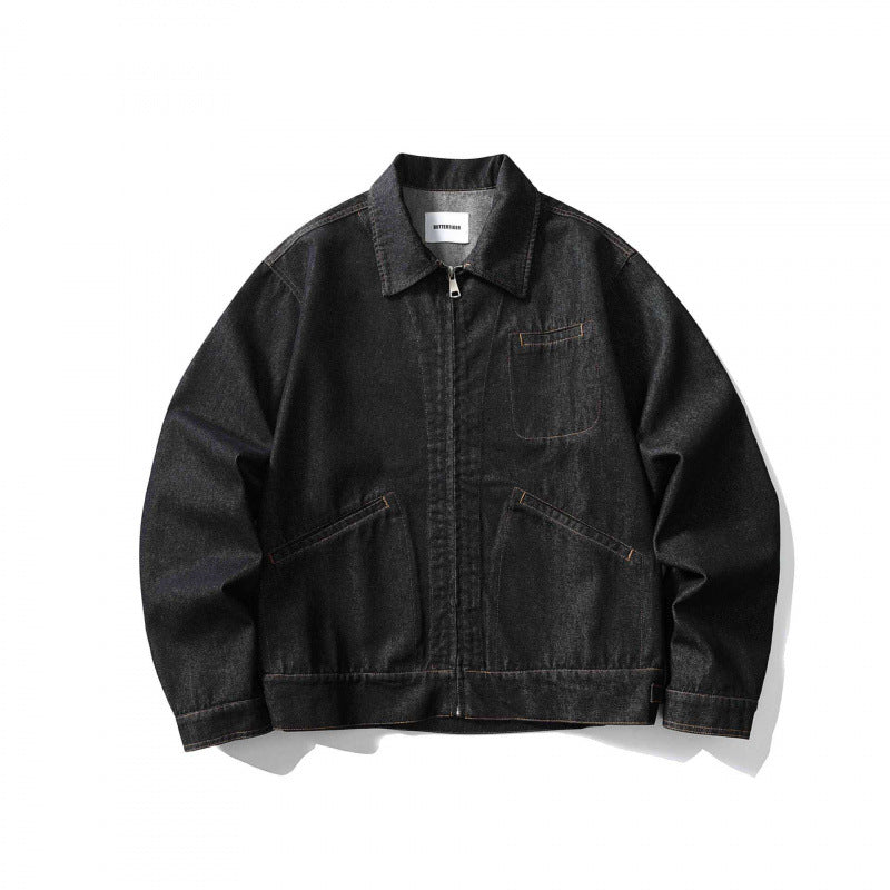 Unisex Kastige Denim Jacket with Full Zip, Shirt Collar and Patch Pockets Fashion Glam