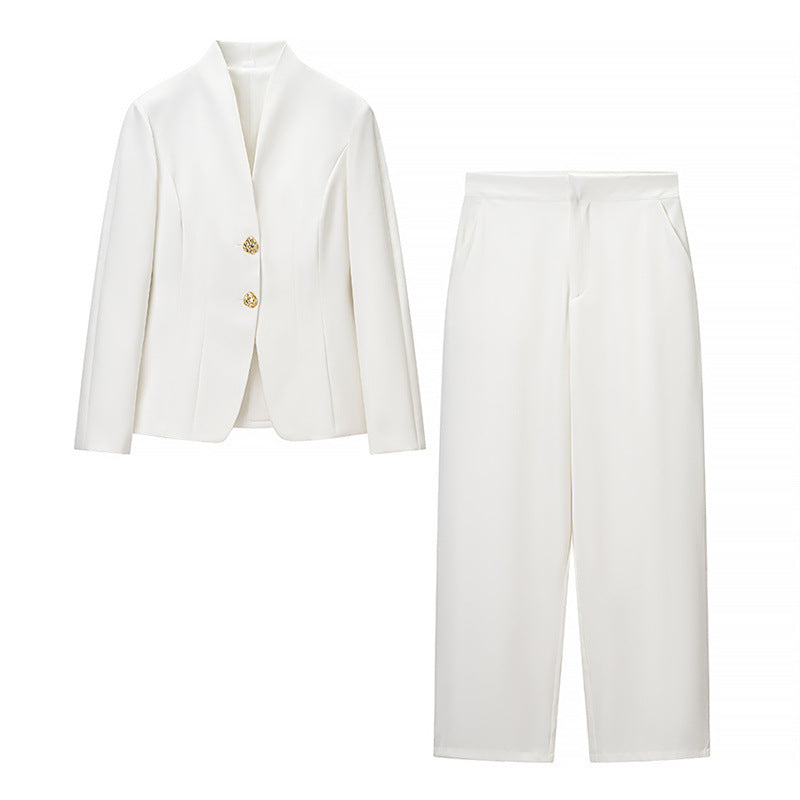 Women's Two-Piece Tailored Suit Set with Stand Collar, Shaping Jacket and Wide Palazzo Pants Fashion Glam