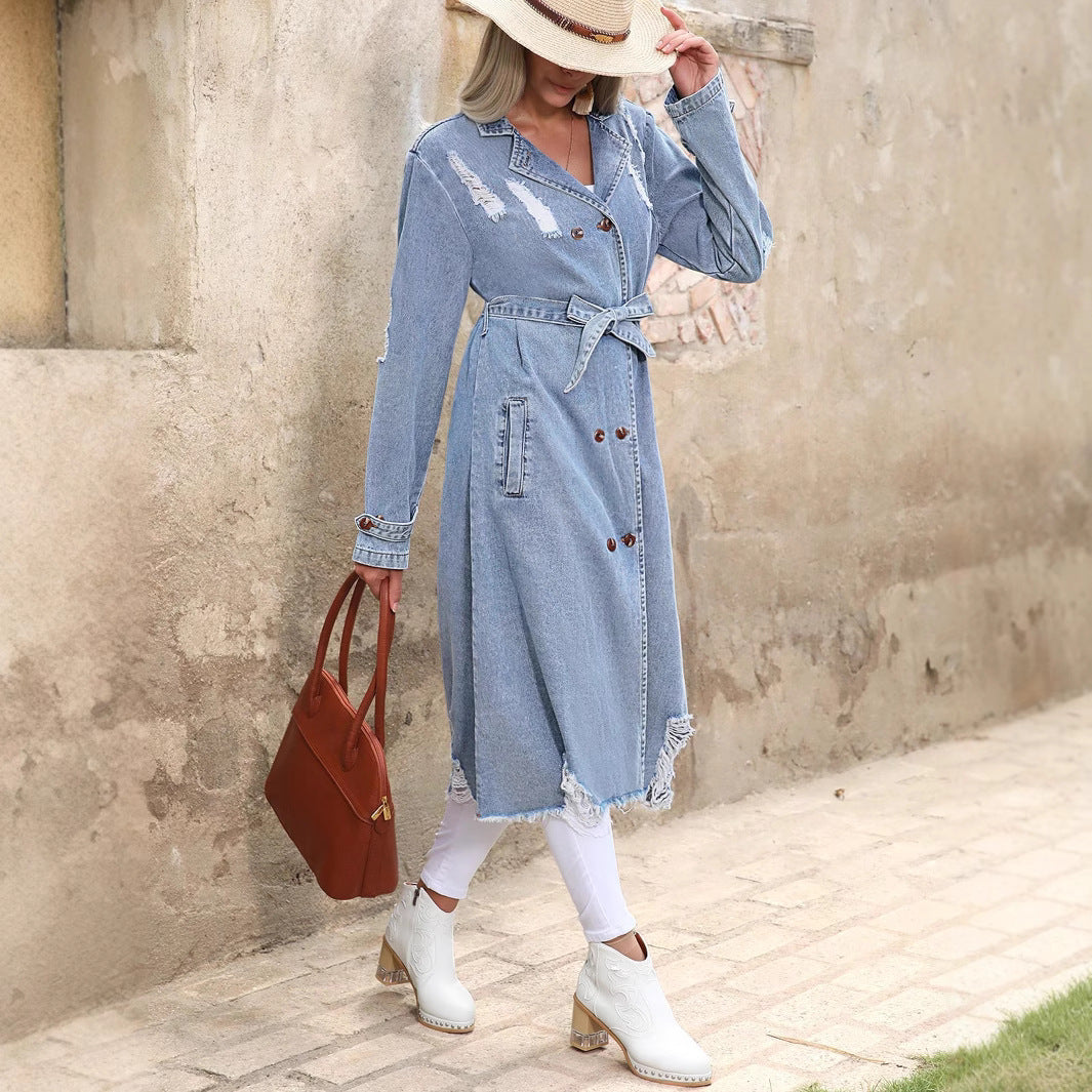 Women's Long Denim Trench Coat with Distressed Hem and Double-Breasted Button Placket Fashion Glam