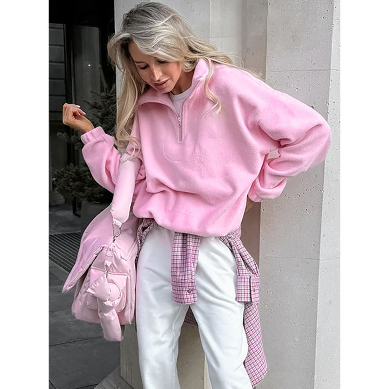 Women’s Oversized Fleece Pullover with Half Zipper and Stand-Up Collar Fashion Glam