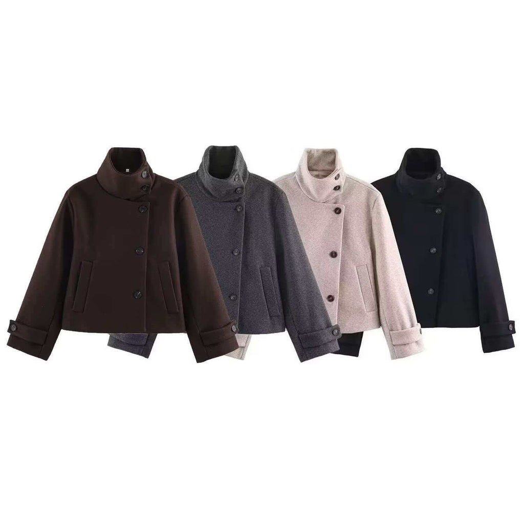 Ladies' short wool coat with high stand-up collar, asymmetrical button placket, and adjustable cuff straps Fashion Glam
