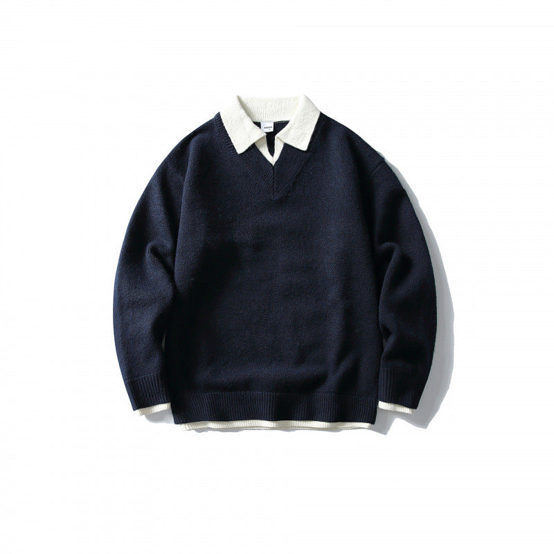 Unisex Oversized Knit Sweater with Contrasting Polo Collar and V-Neck Fashion Glam