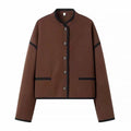 Women Cropped Boxy Jacket with Round Neckline, Contrasting Piping and Decorative Buttons Fashion Glam
