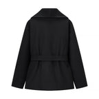 Women's Short Wool Blend Coat with Wide Shawl Collar and Waist Belt Fashion Glam