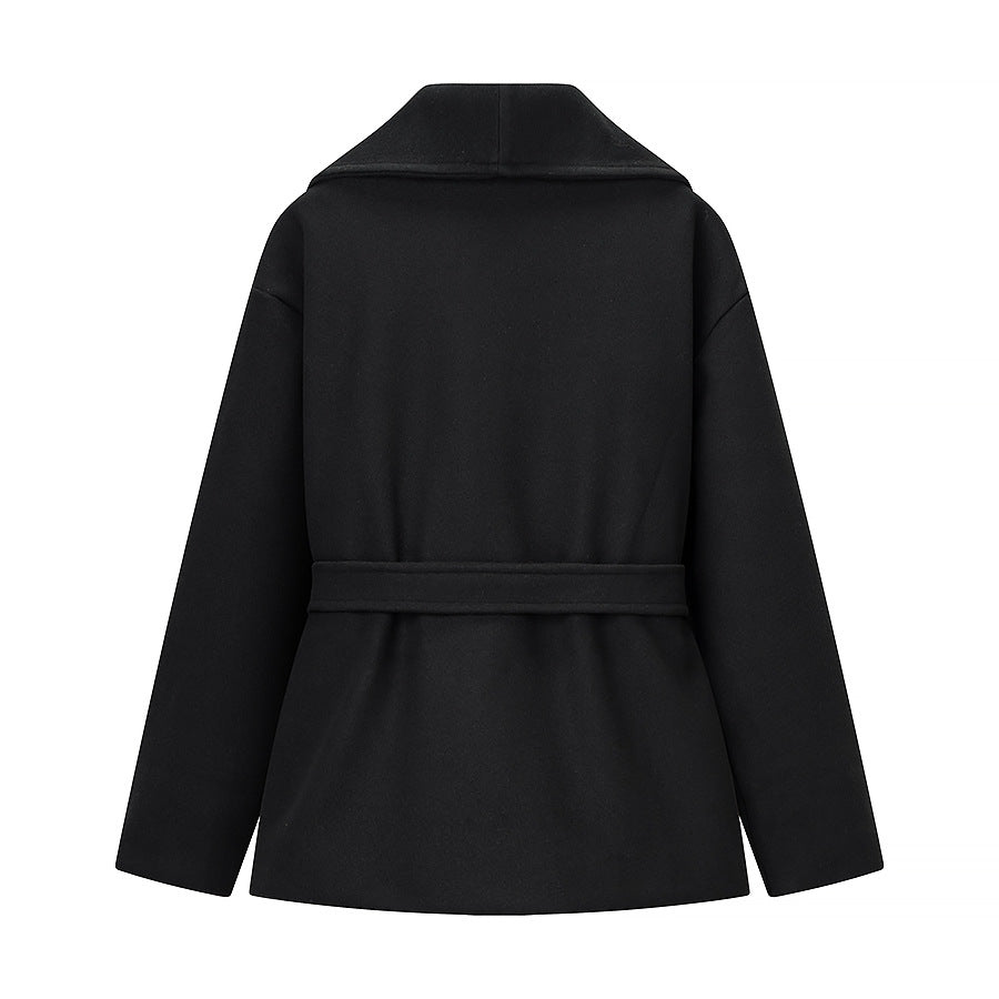 Women's Short Wool Blend Coat with Wide Shawl Collar and Waist Belt Fashion Glam