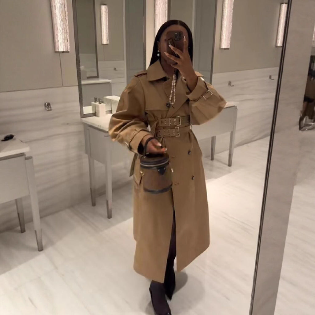 Women's Tailored Double Belt Trench Coat with Oversized Sleeves Fashion Glam