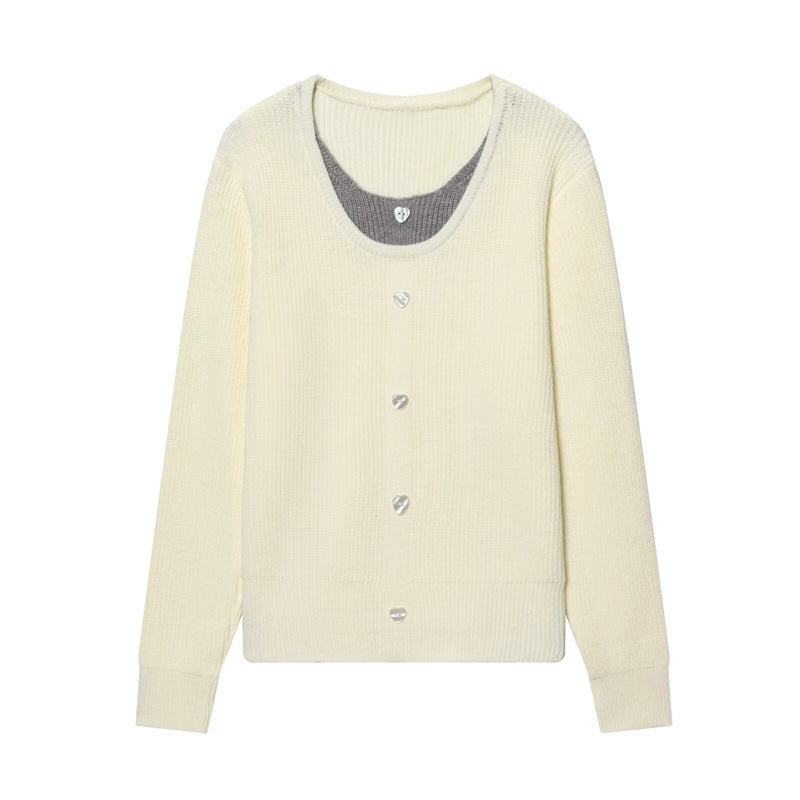Women's two-layer fine knit cardigan with integrated under top and heart buttons Fashion Glam