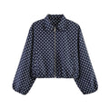 Women Polka Dot Cropped Bomber Jacket in Retro Look with Shirt Collar and Elastic Hem Fashion Glam