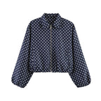 Women Polka Dot Cropped Bomber Jacket in Retro Look with Shirt Collar and Elastic Hem Fashion Glam
