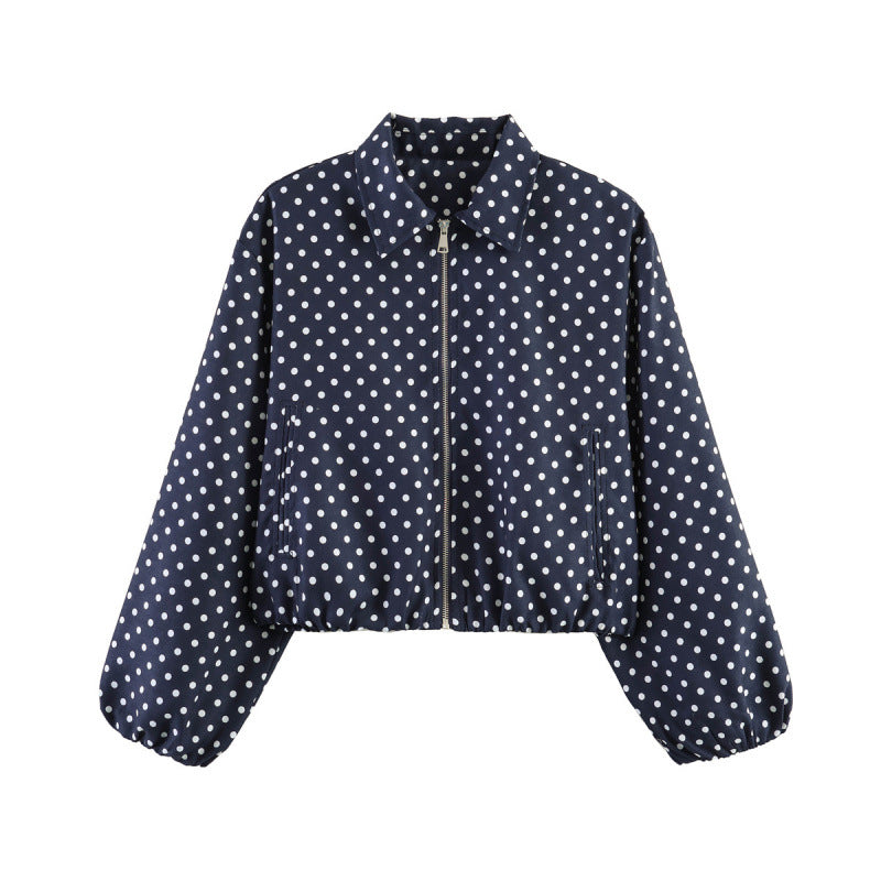 Women Polka Dot Cropped Bomber Jacket in Retro Look with Shirt Collar and Elastic Hem Fashion Glam