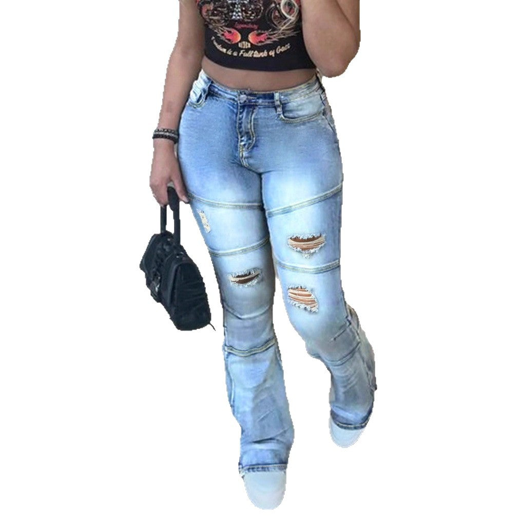 Women's jeans pants with high waist, straight leg, knee ribs and panel seams Fashion Glam