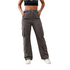 Women High-Waisted Utility Cargo Pants with Straight Leg, Multiple Flap Pockets & Adjustable Hem Fashion Glam