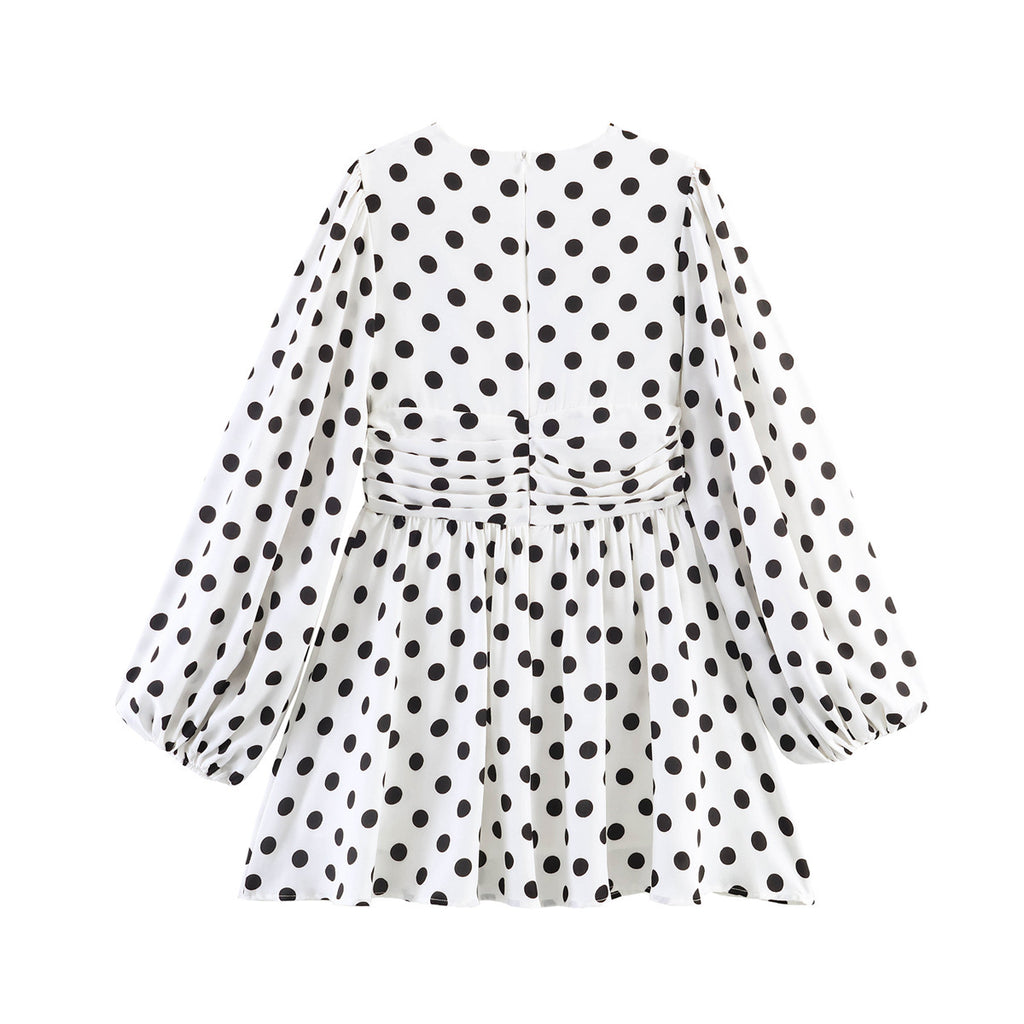Ladies Polka Dot Blouse with Deep V-Neck, Gathered Waistline and Voluminous Balloon Sleeves Fashion Glam