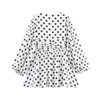 Ladies Polka Dot Blouse with Deep V-Neck, Gathered Waistline and Voluminous Balloon Sleeves Fashion Glam