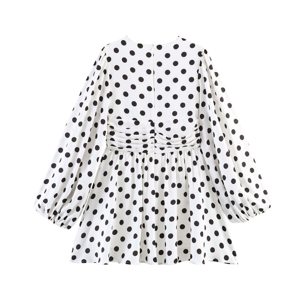 Ladies Polka Dot Blouse with Deep V-Neck, Gathered Waistline and Voluminous Balloon Sleeves Fashion Glam