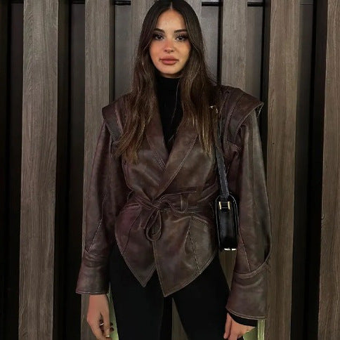 Women short jacket in velour look with shawl collar, belt at waist and decorative lacing Fashion Glam