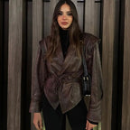 Women short jacket in velour look with shawl collar, belt at waist and decorative lacing Fashion Glam