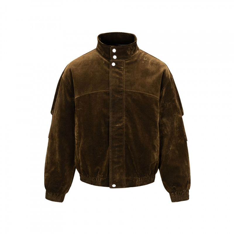 Men's velvet bomber jacket with stand collar, concealed snap button placket, and elastic hem Fashion Glam