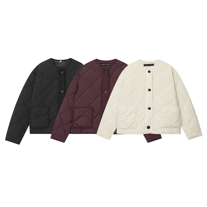 Women's Quilted Oversized Quilted Jacket with Round Neckline, Patch Pockets and Button Placket Fashion Glam