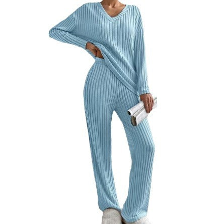 Women Cozy Ribbed Knit Loungewear Set with V-Neck and Wide Leg Fashion Glam