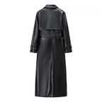 Women Longer Leather Look Trench Coat with Tailoring Tie Belt and Epaulettes Fashion Glam