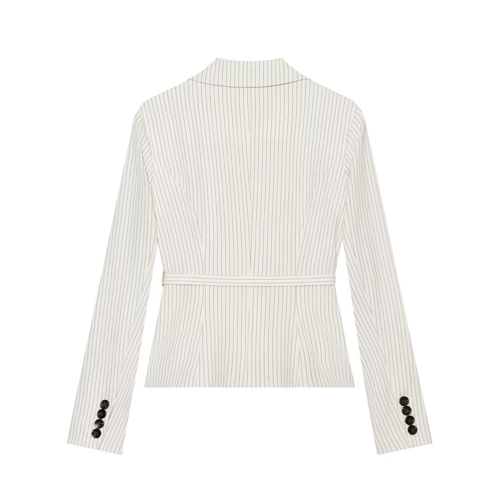 Women's Tailored Pinstripe Blazer with Tie Belt Fashion Glam