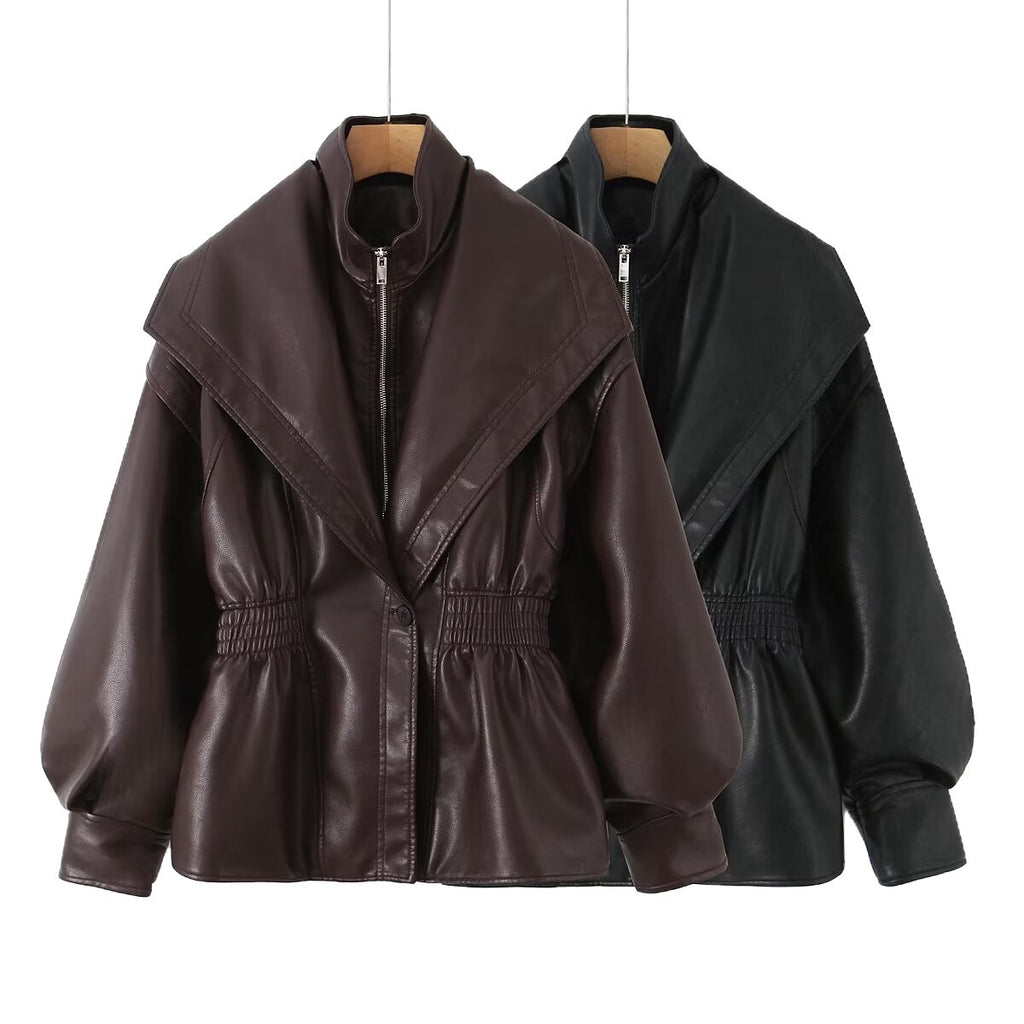 Women's faux leather jacket with XXL shawl collar, waist elastic and balloon sleeves Fashion Glam